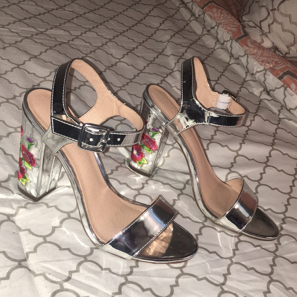 Embroidered silver heels